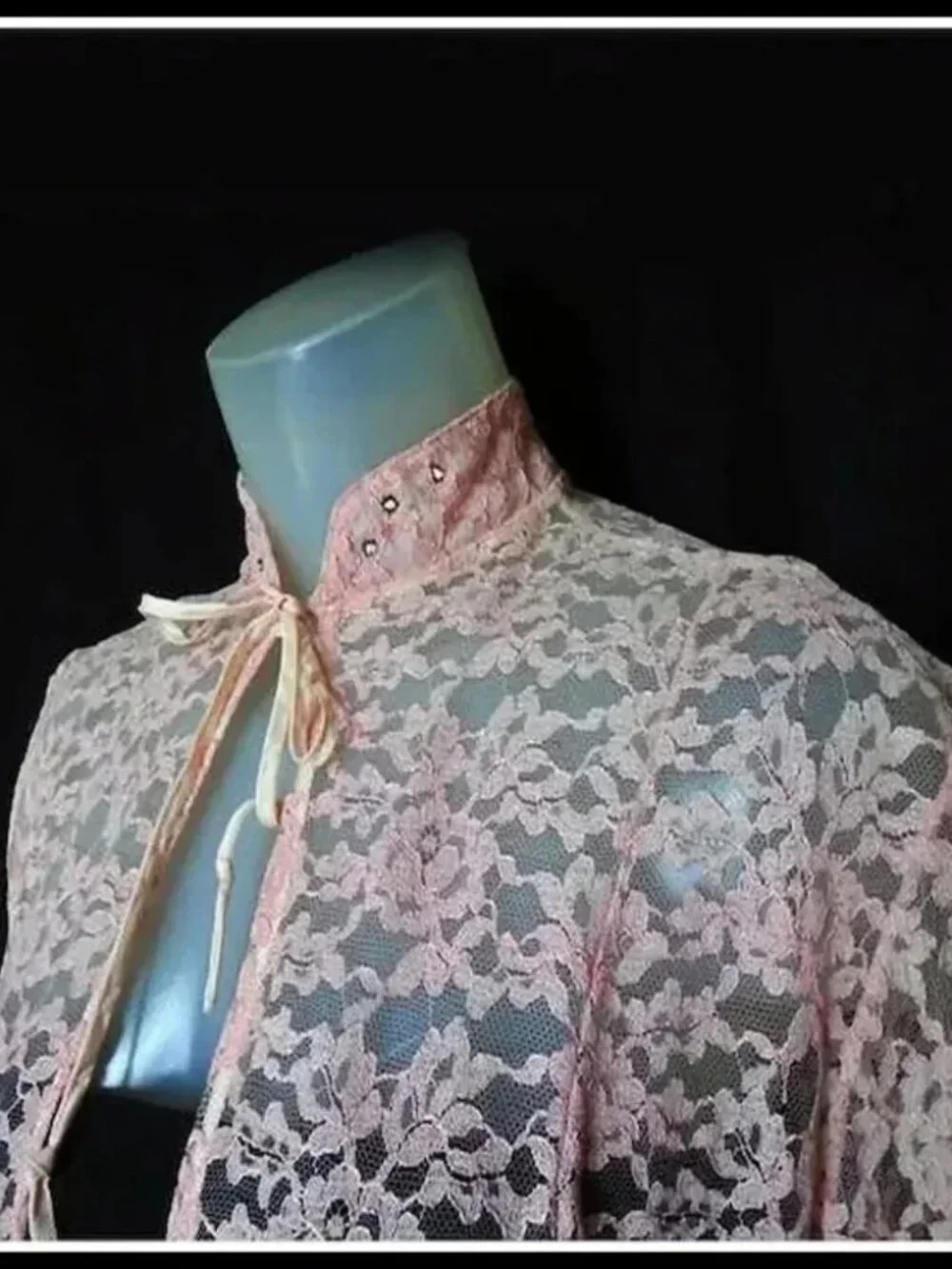 Vintage Bed Jacket Pink Lace, Rhinestones 40s Coquette Soft Girl, Hi-Low!